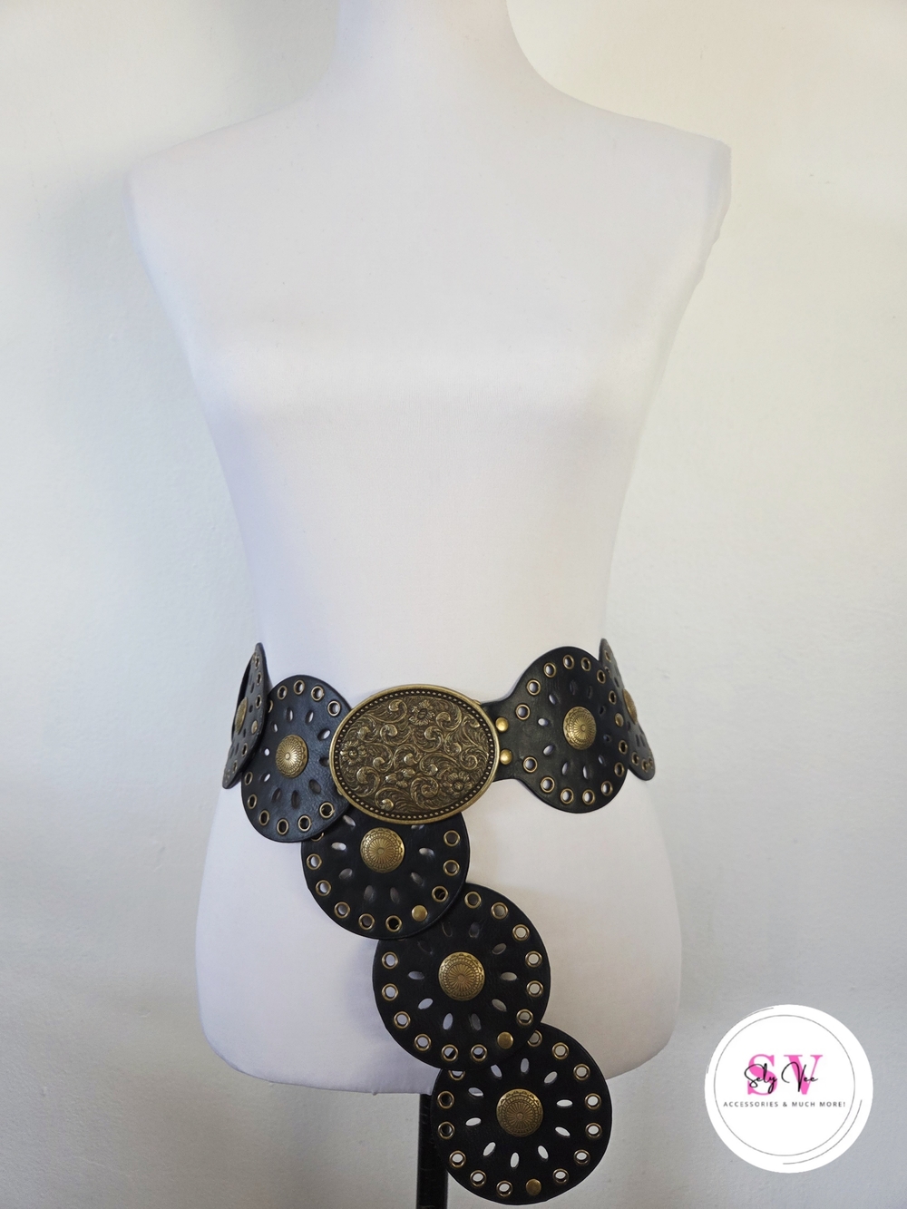 Black Waist Belt with Brass Medallion Buckle